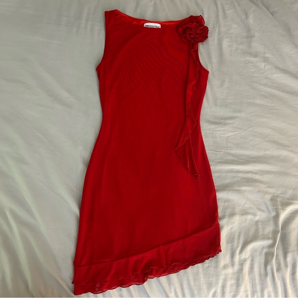 Princess Polly 4 Lorello Mini Red Dress, One Shoulder Rosette Ruffle Trim - Picture 5 of 12